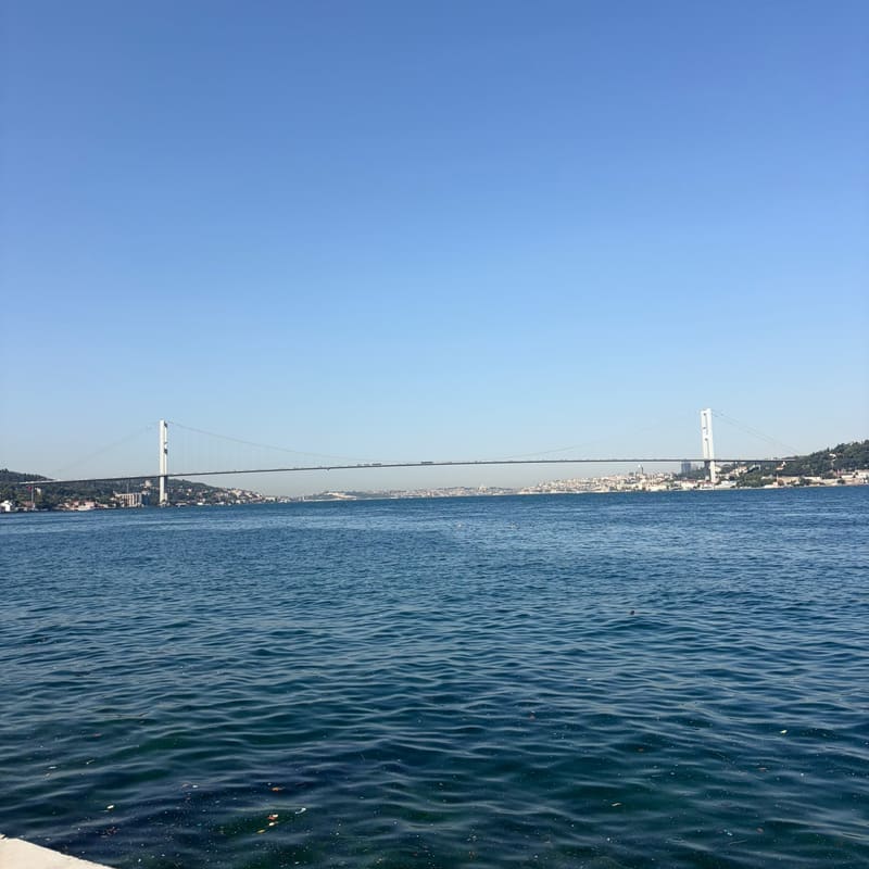 The Bosphorus in Istanbul on a clear day, with the bridge linking Europe and Asia