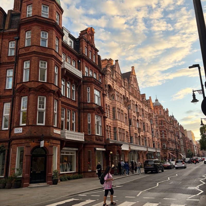 Red-brick Victorian buildings on Mount Street, Mayfair, London, in evening light