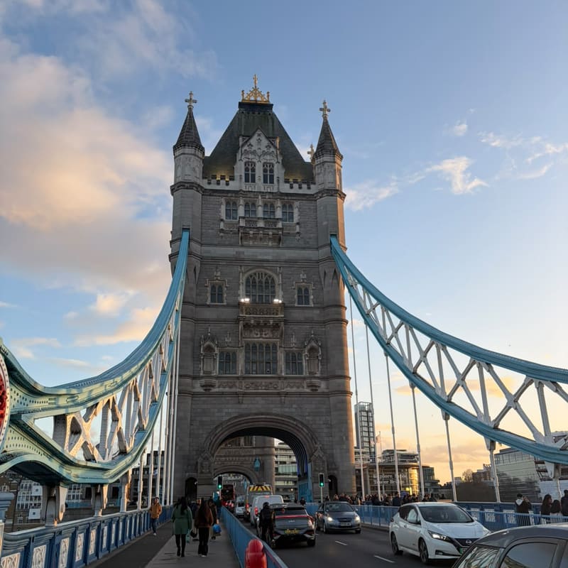 Tower Bridge in London at golden hour, seen from the bridge deck